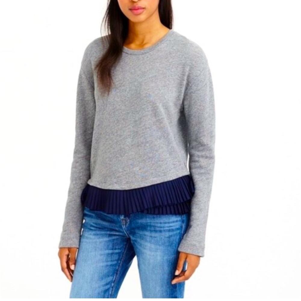 J.Crew Heather Grey Sweater with Navy Ruffled Trim Size Medium